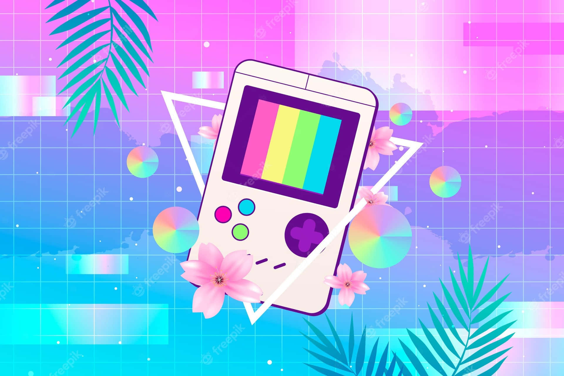 A Retro Gameboy With Flowers And Leaves On A Colorful Background Wallpaper