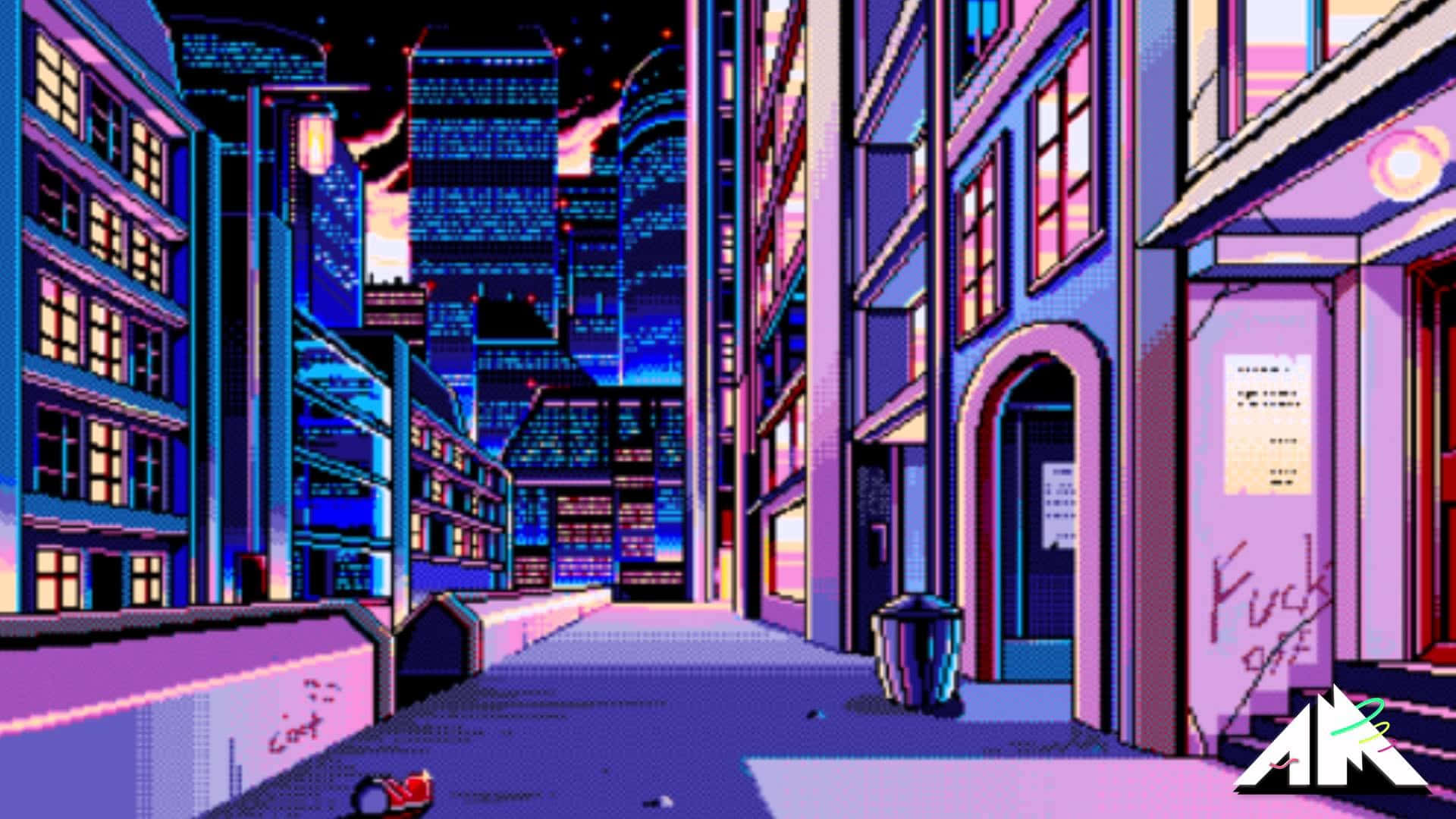 Unaimagen De Arte En Píxeles De Una Ciudad Por La Noche. Fondo de pantalla