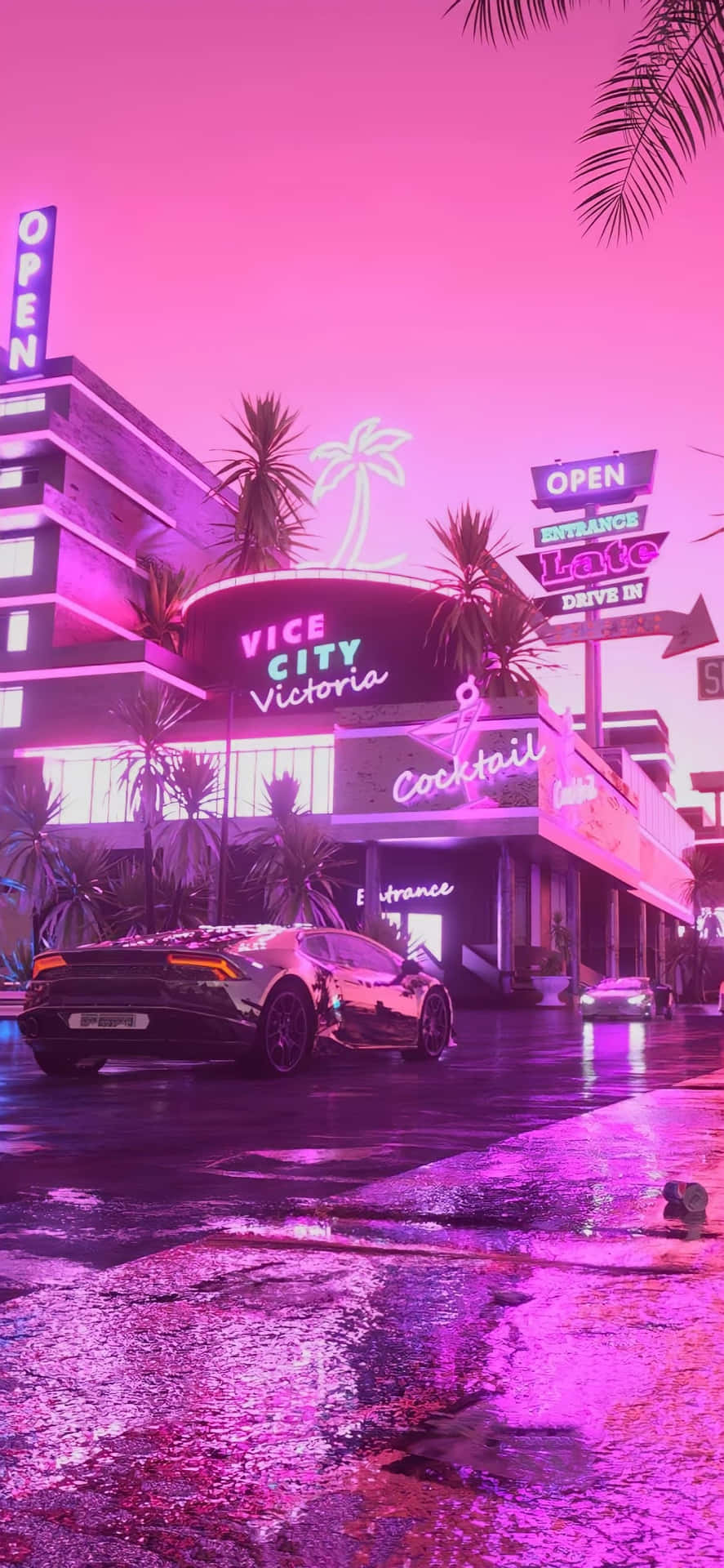 Et neonbelyst by med palmer og biler, der kører. Wallpaper