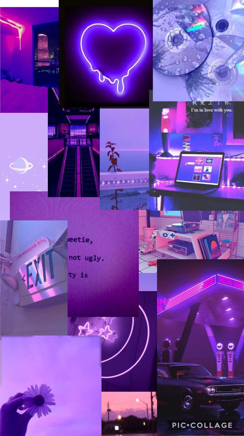 A Collage Of Photos With Purple Lights And Neon Lights Wallpaper