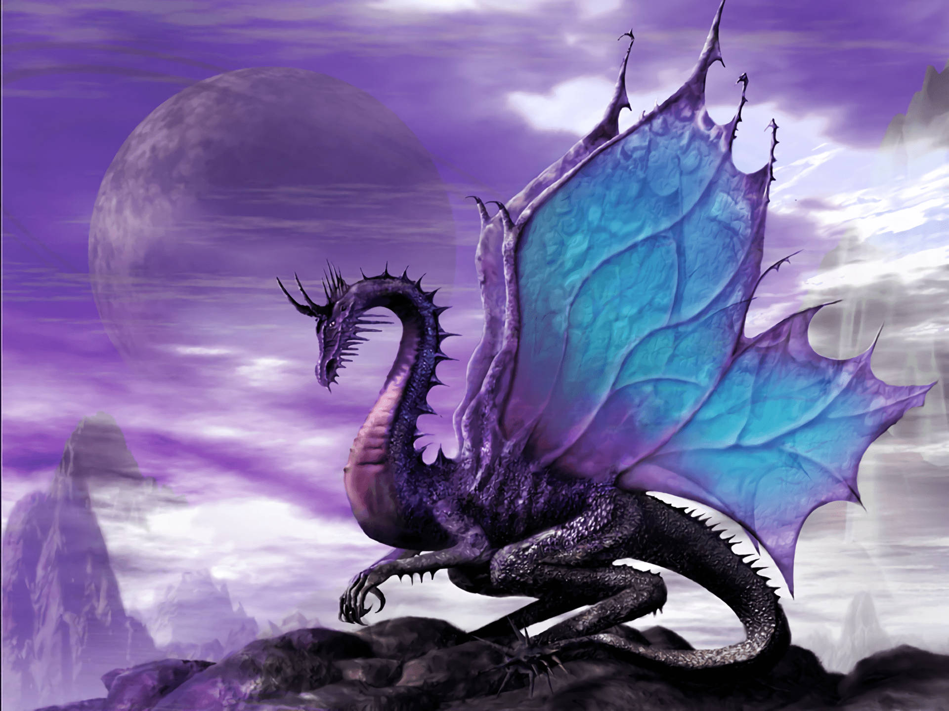 A mysterious violet dragon looms in the shadows Wallpaper
