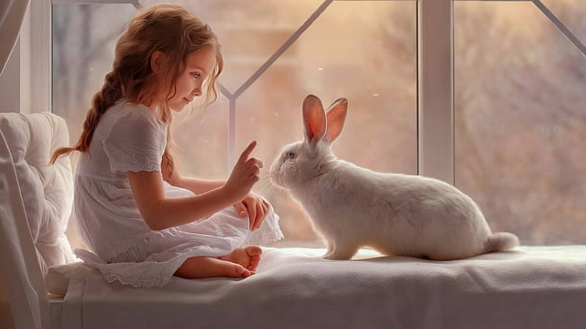 Estéticade Un Conejo Blanco Y Una Chica Fondo de pantalla