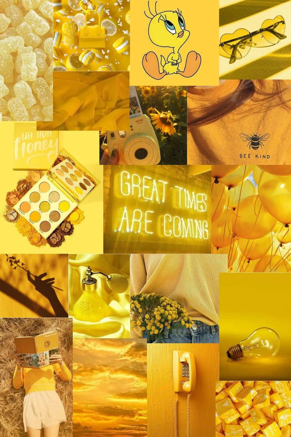 A Collage Of Yellow Pictures With The Words Great Times Are Coming Wallpaper