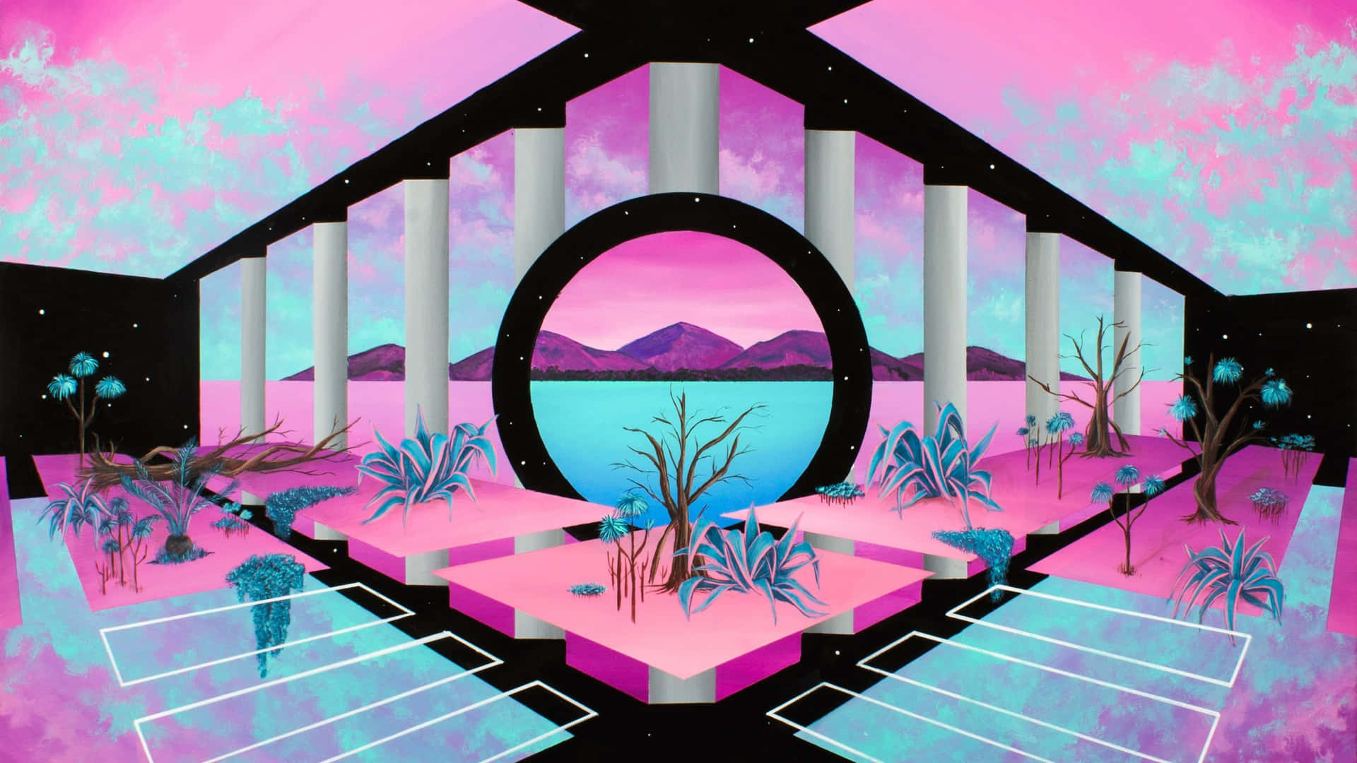 A Pink And Blue Painting With A Pink Sky And Plants