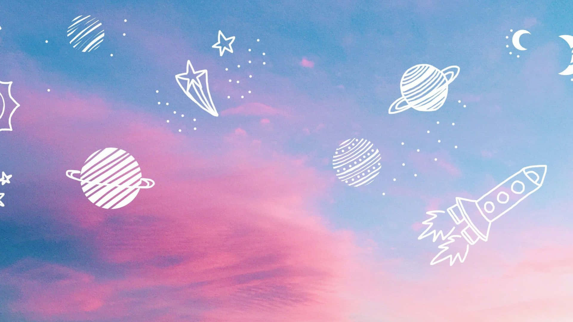 A Pink Sky With Spaceships And Stars