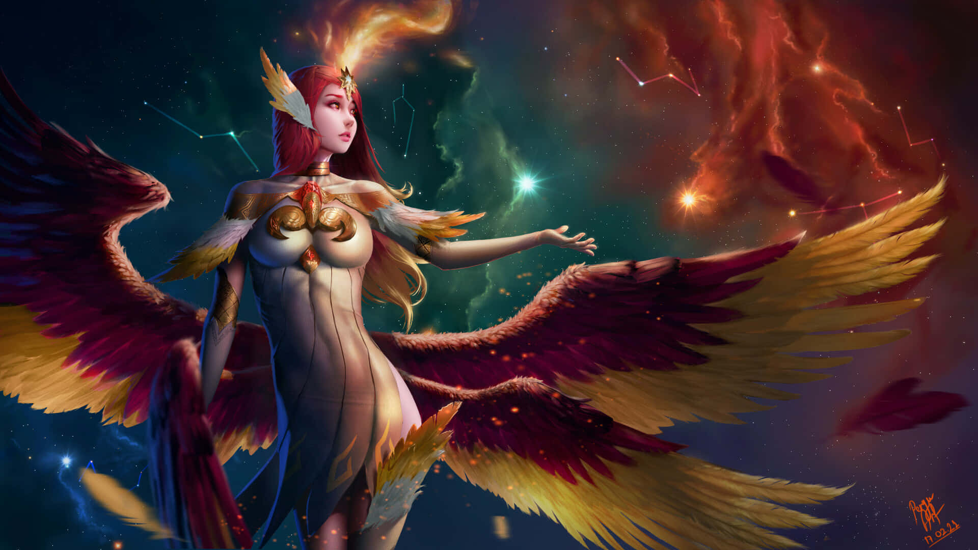 En kvindelig phoenix med vinger og et stjerneklar himmel Wallpaper