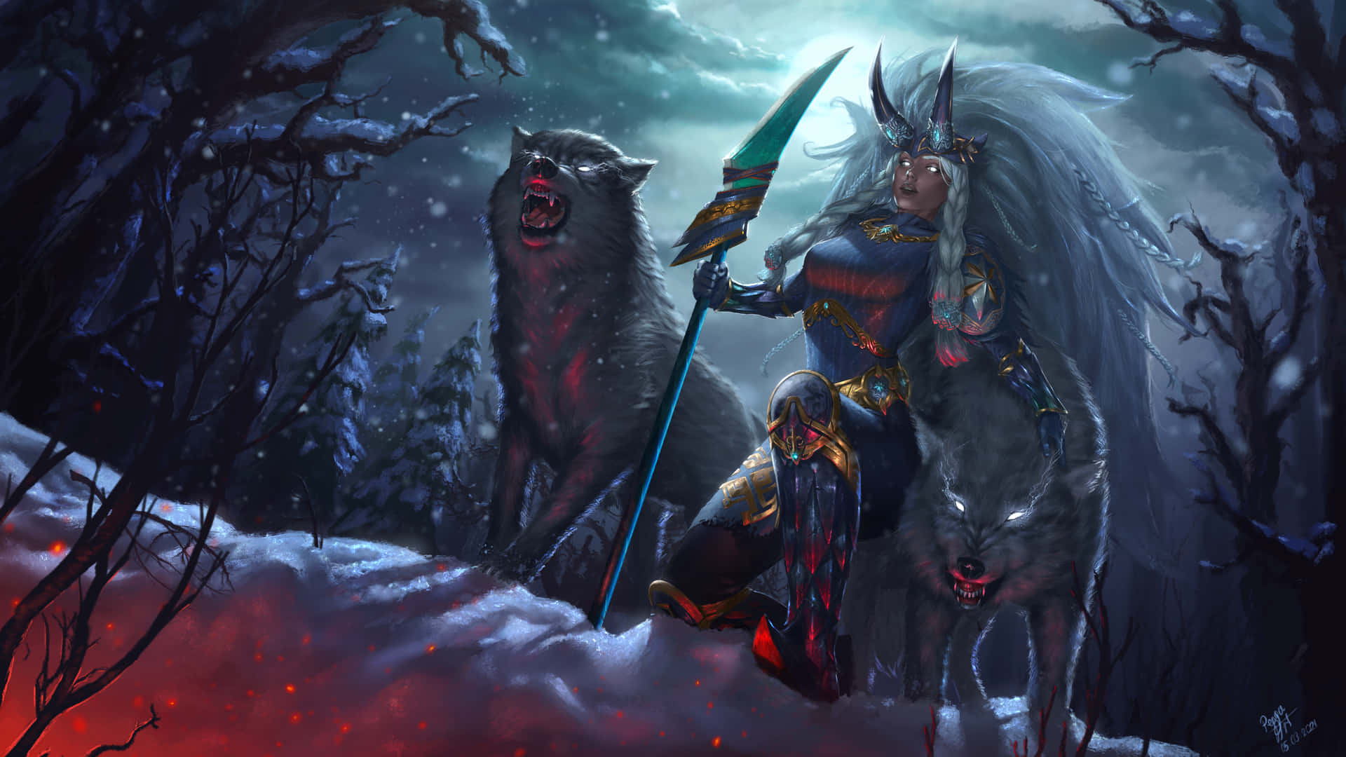 En kvinde med et sværd og en ulv i skoven Wallpaper