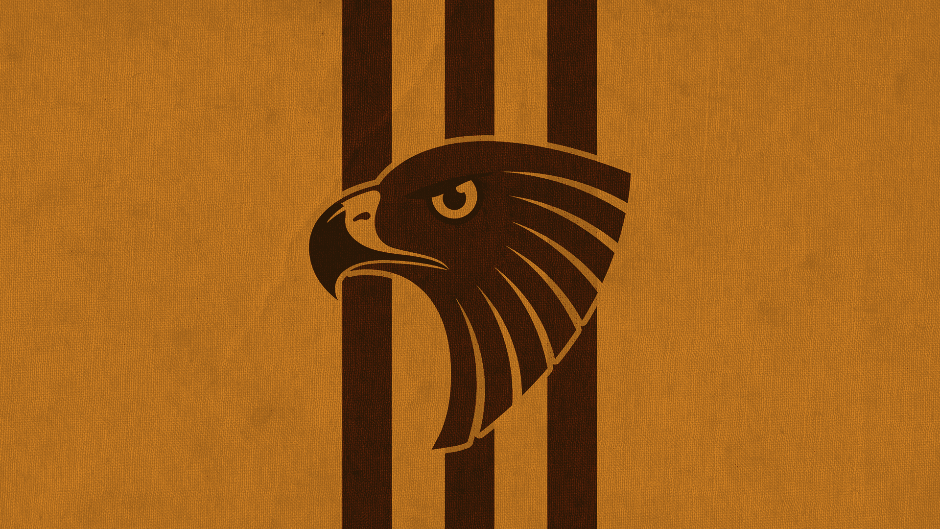 Afl that unites fans around the world Background — A bold eagle head logo in dark brown stands against a textured orange background with vertical stripes.