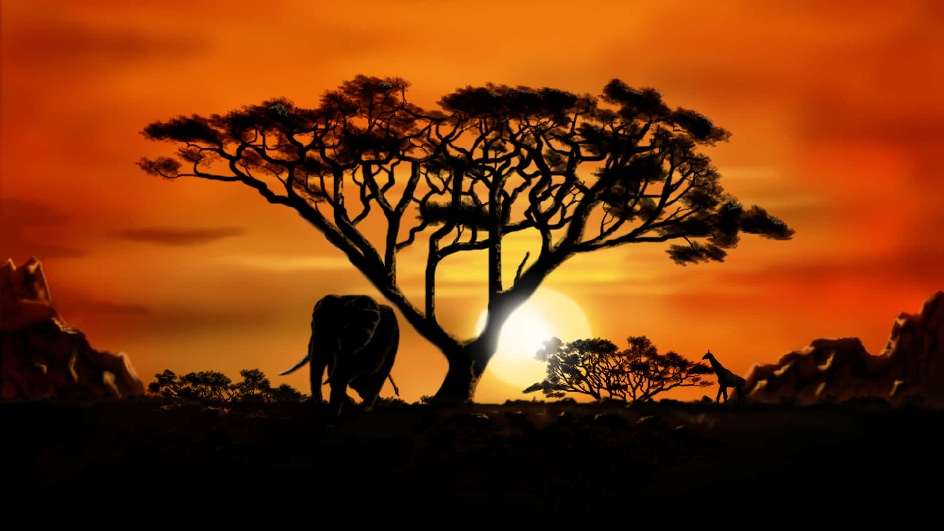 A Mother And Baby Sitting In front Of An African Sunset Wallpaper