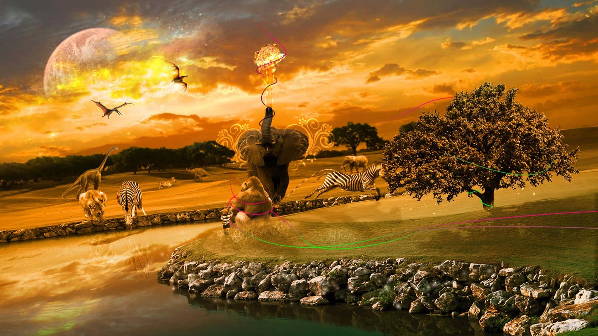 Majestætisk sol går ned over en sø på den afrikanske savanne Wallpaper