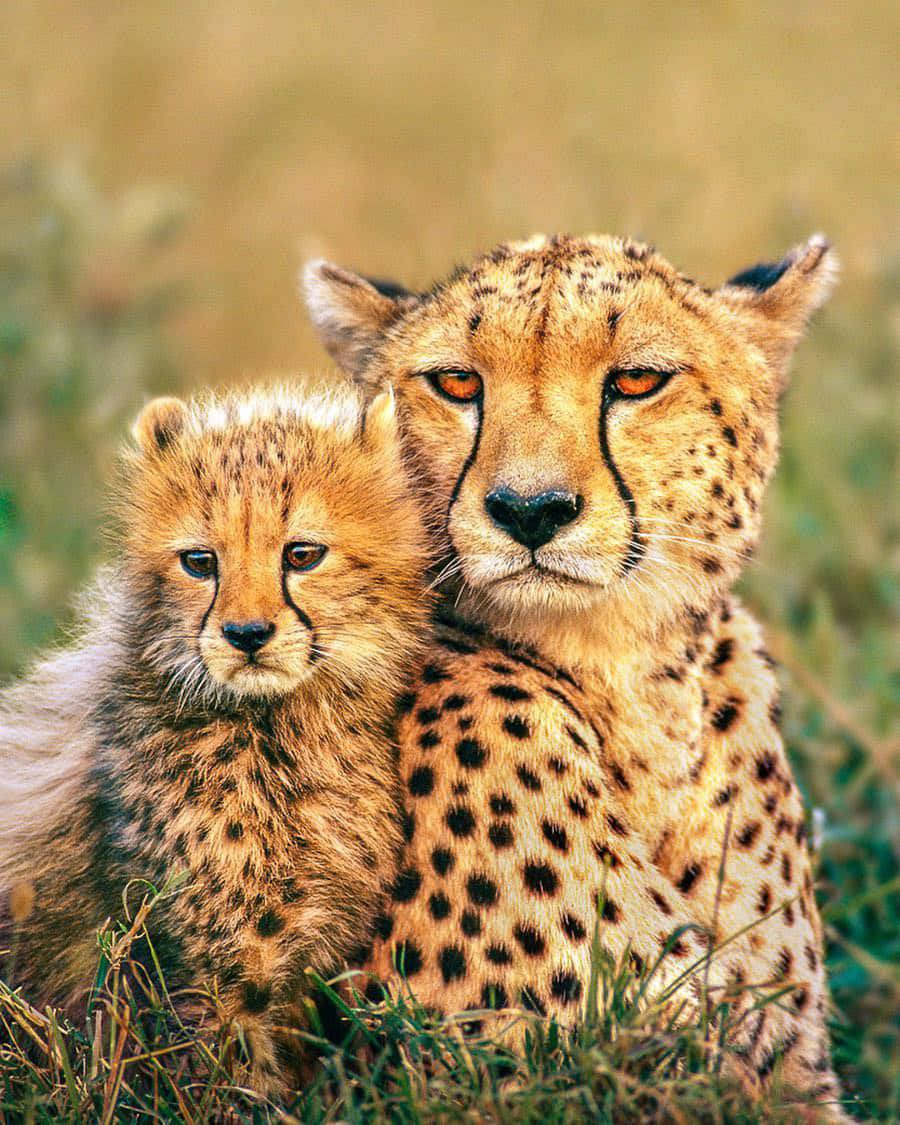 A Cheetah And Her Cub Are Sitting In The Grass