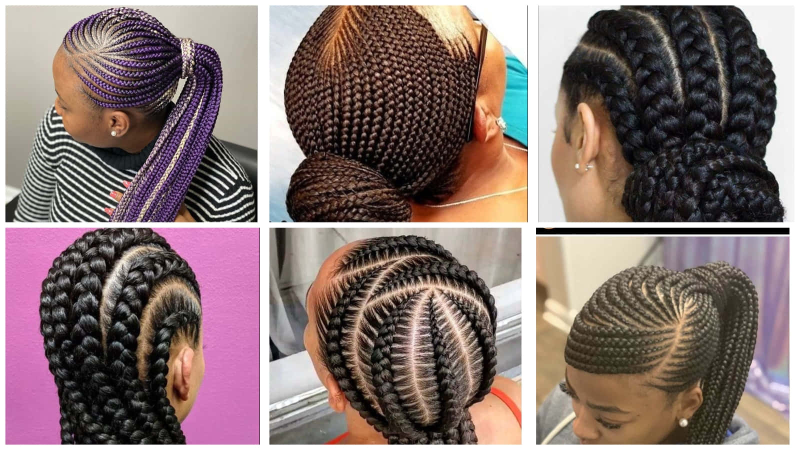 En collage af billeder af forskellige flettede frisurer.