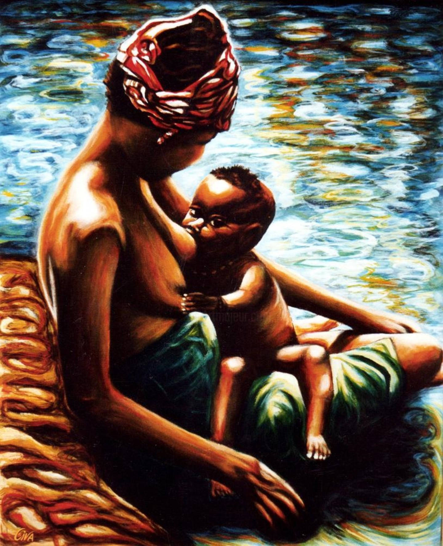 African Mother And Baby By The River Wallpaper