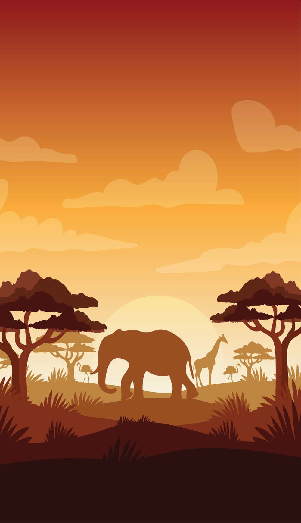 Afrikanischerelefant Und Giraffen-silhouette-kunst Handy Wallpaper