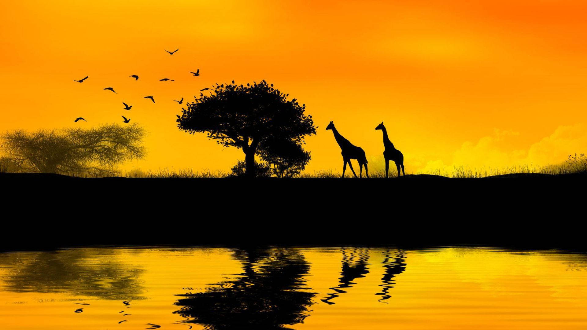 African Silhouette Sunset Art Wallpaper