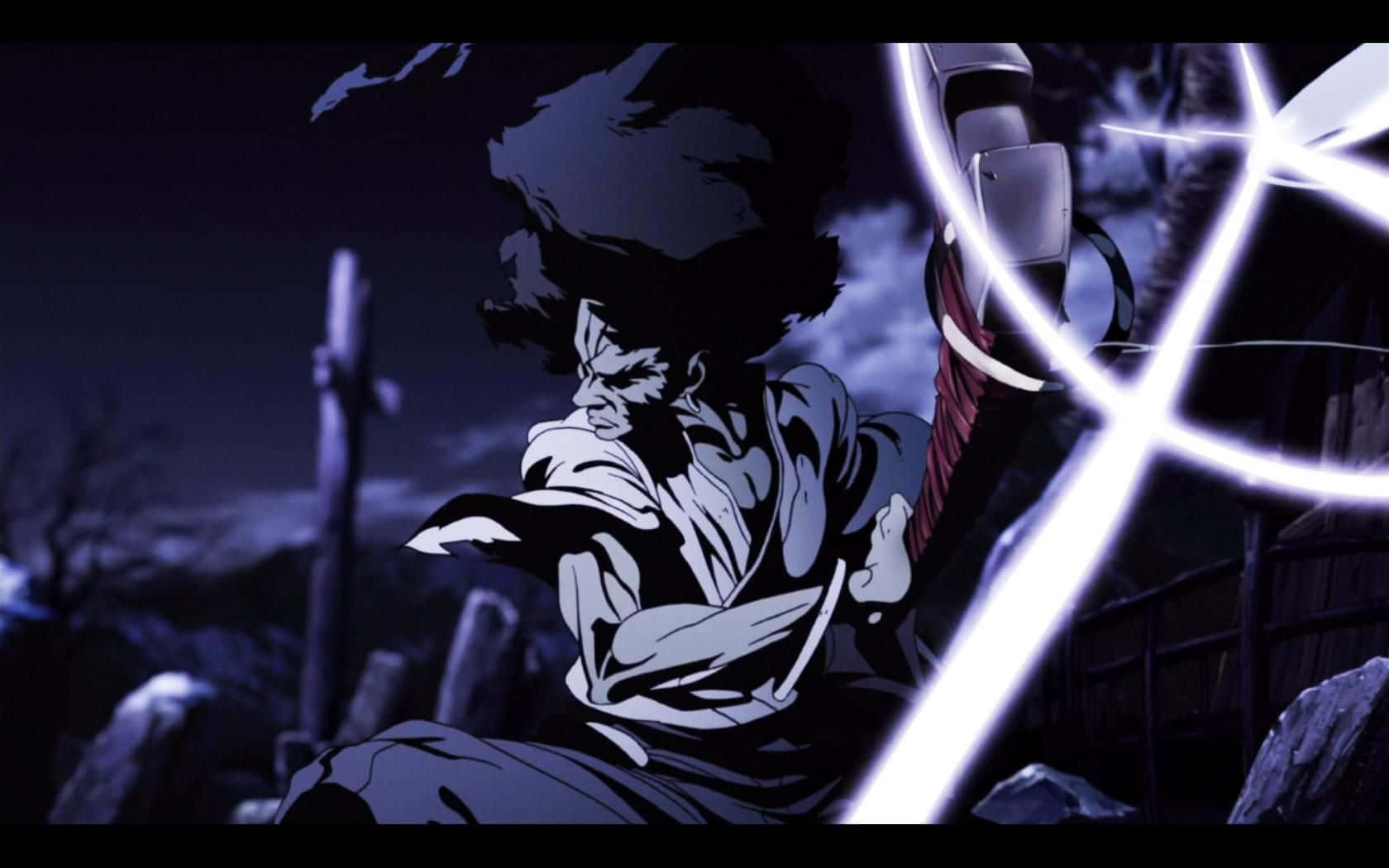 Afro Samurai battles atop a mountain with a fierce expression on his face Wallpaper