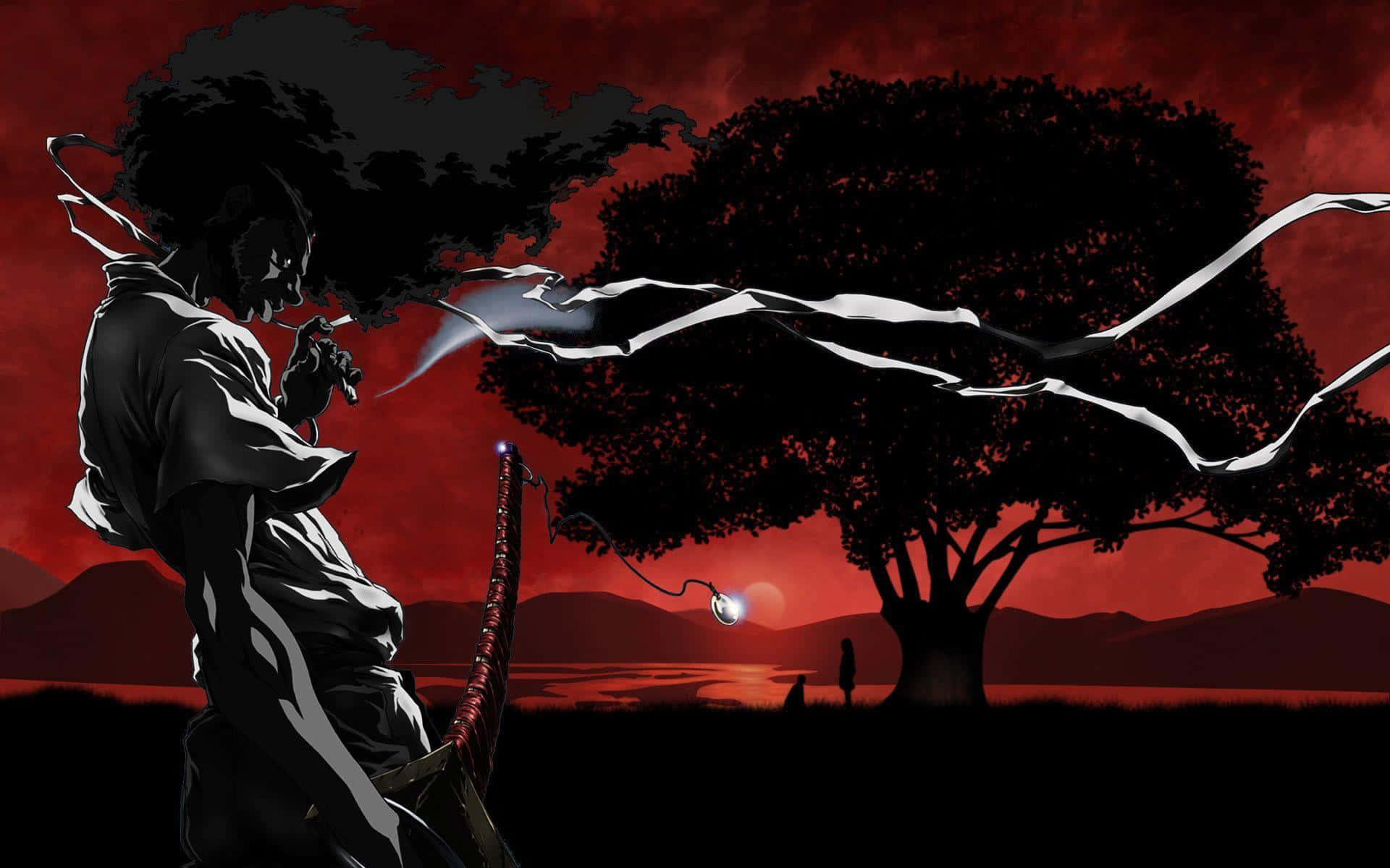 Afro Samurai in a Fierce Battle Stance Wallpaper
