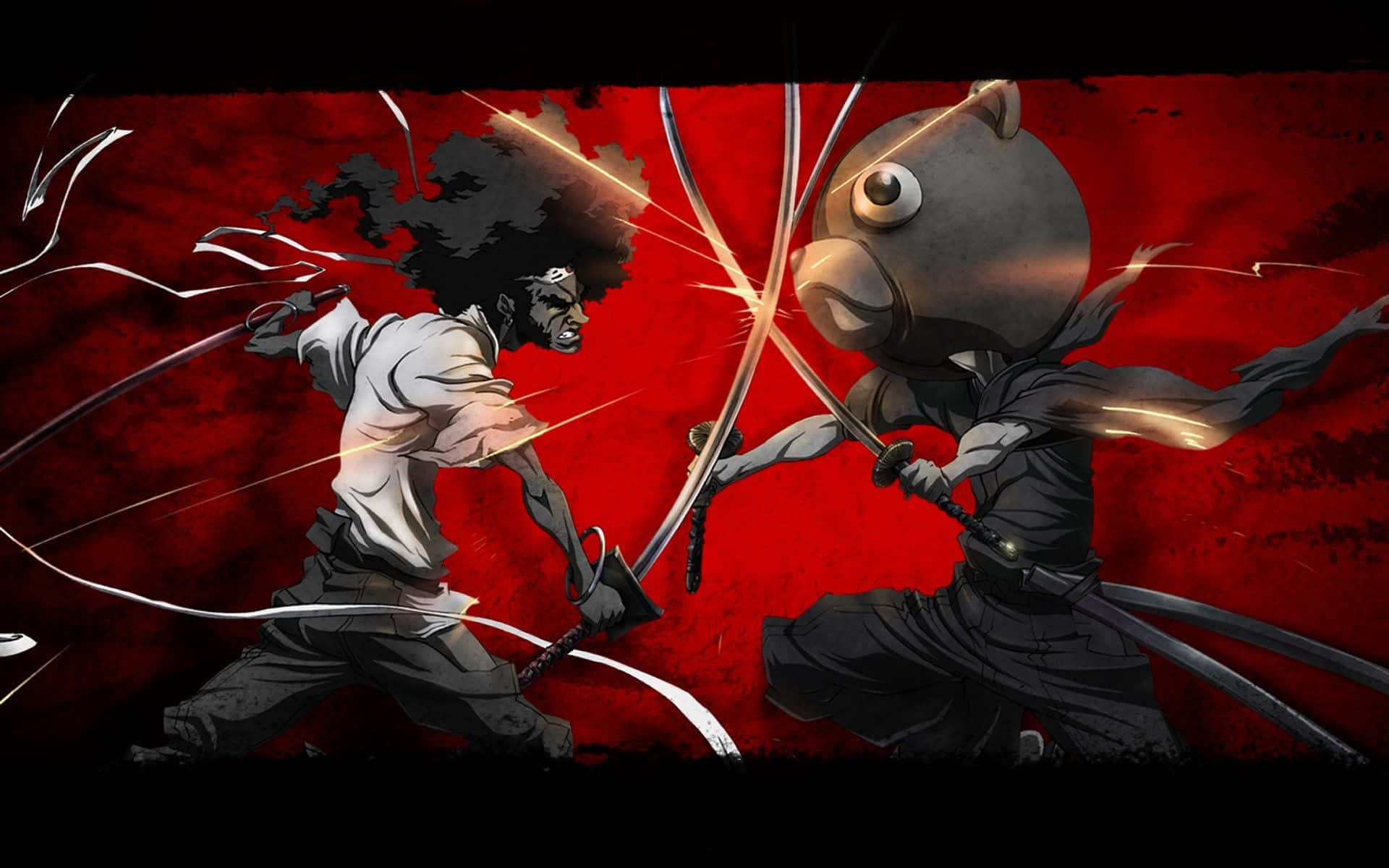 A fierce battle between Afro Samurai and enemy in a ravishing sunset scene Wallpaper