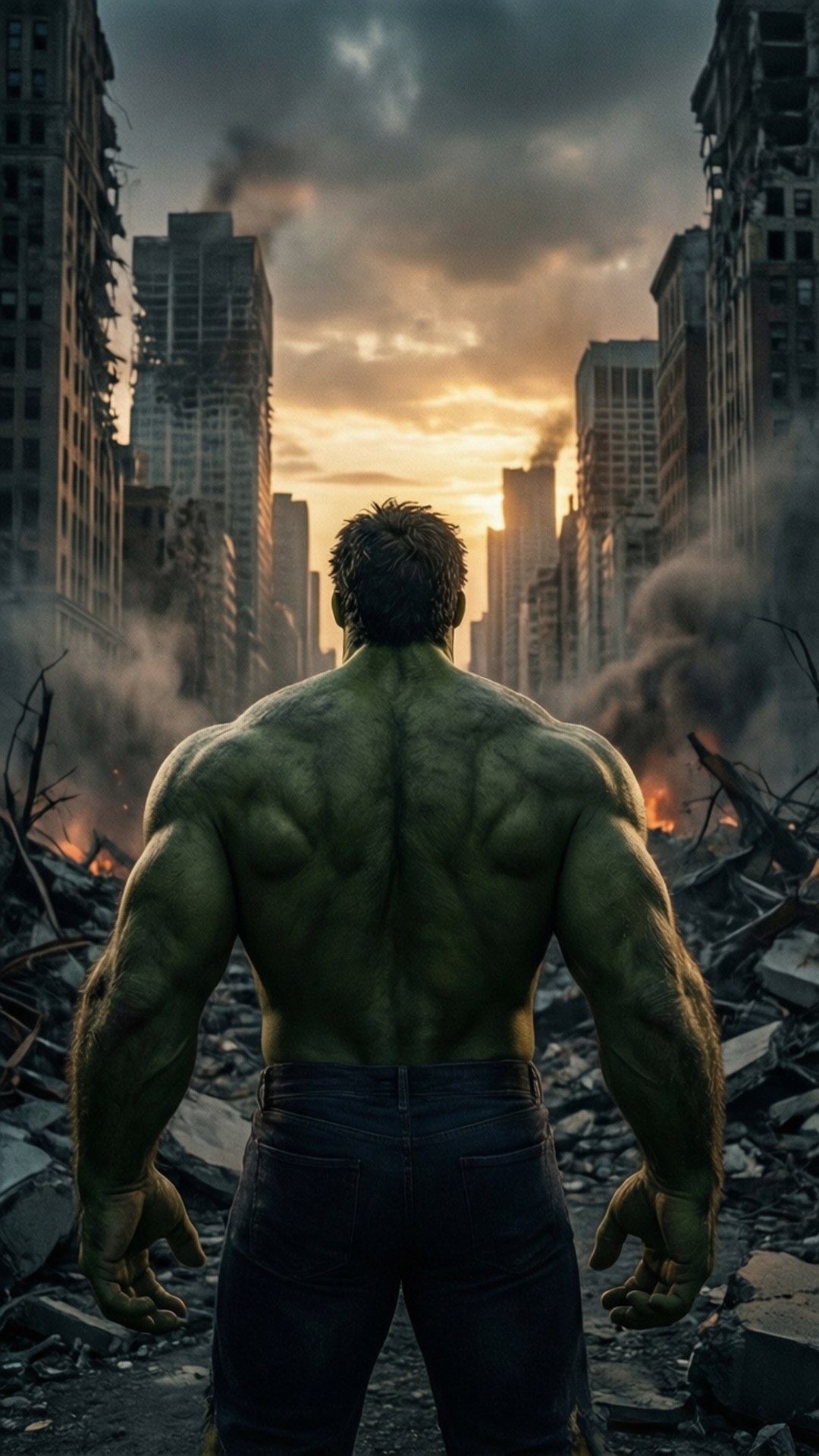 Hulks ryggvy som överser förstörelsen.