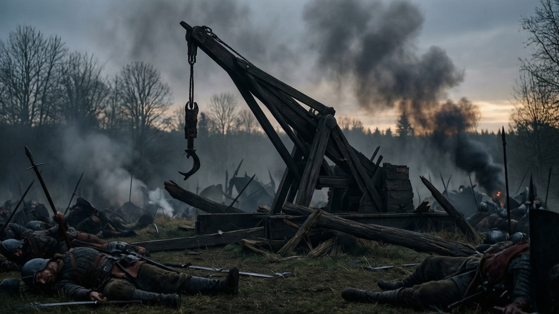 A destroyed catapult on a battlefield at dusk.