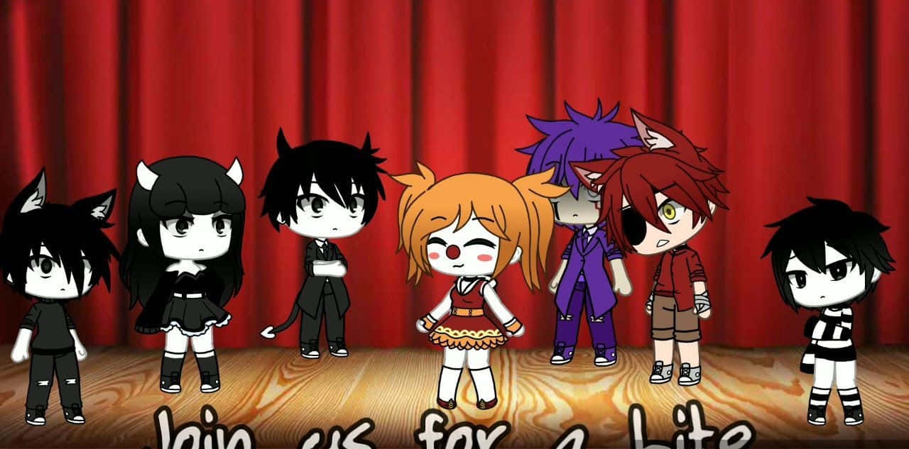 A Group Of Anime Characters Standing In Front Of A Red Curtain