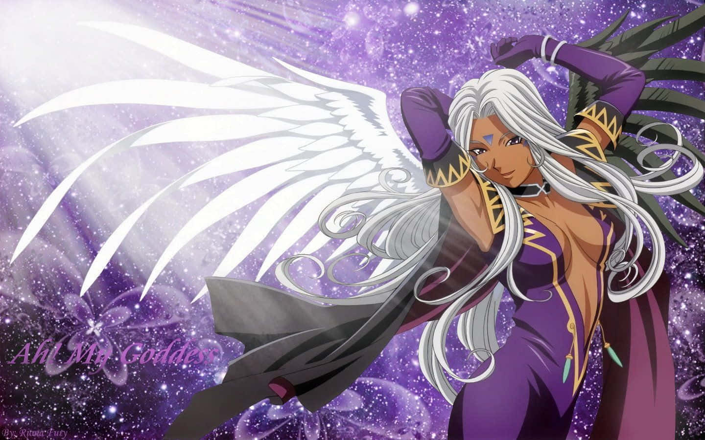 Einefrau Mit Weißem Haar Und Violetten Flügeln