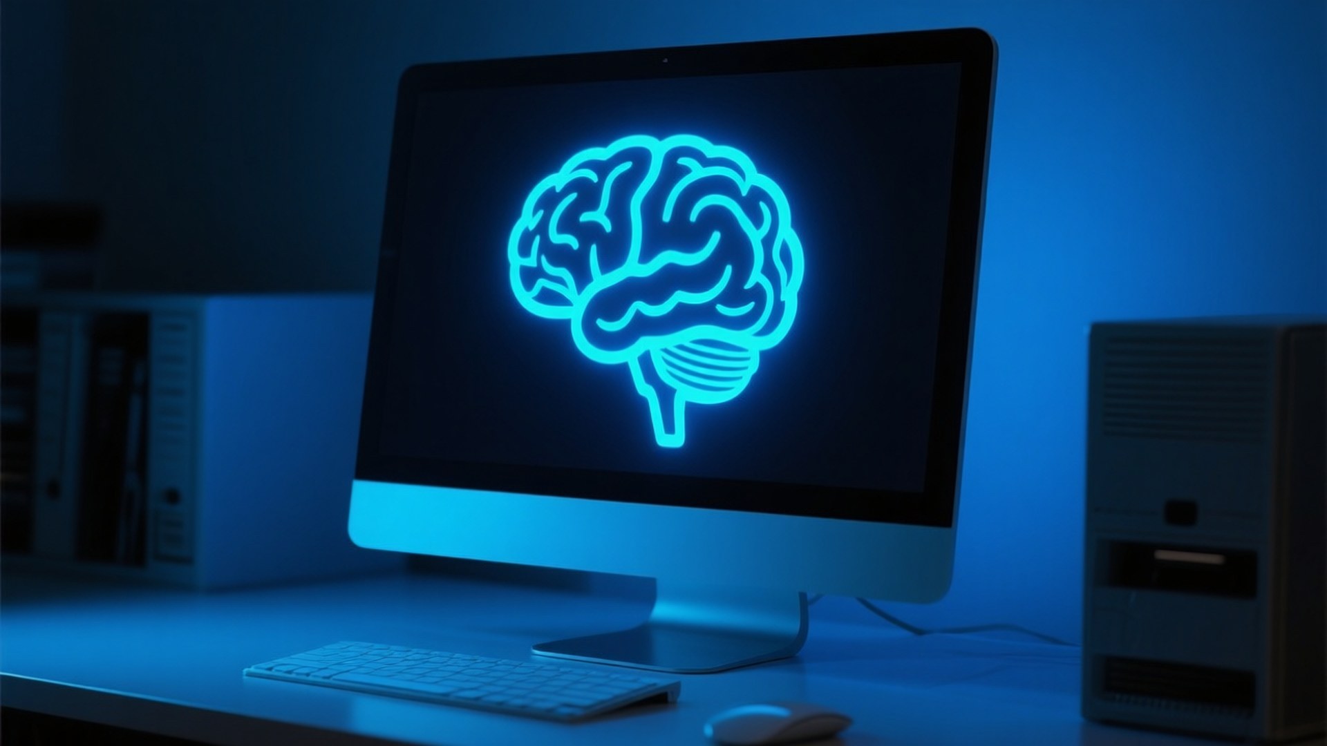 AI Cerveau Ordinateur Fonds d'écran — Un écran d'ordinateur affichant une icône de cerveau IA lumineuse, représentant l'intelligence artificielle.