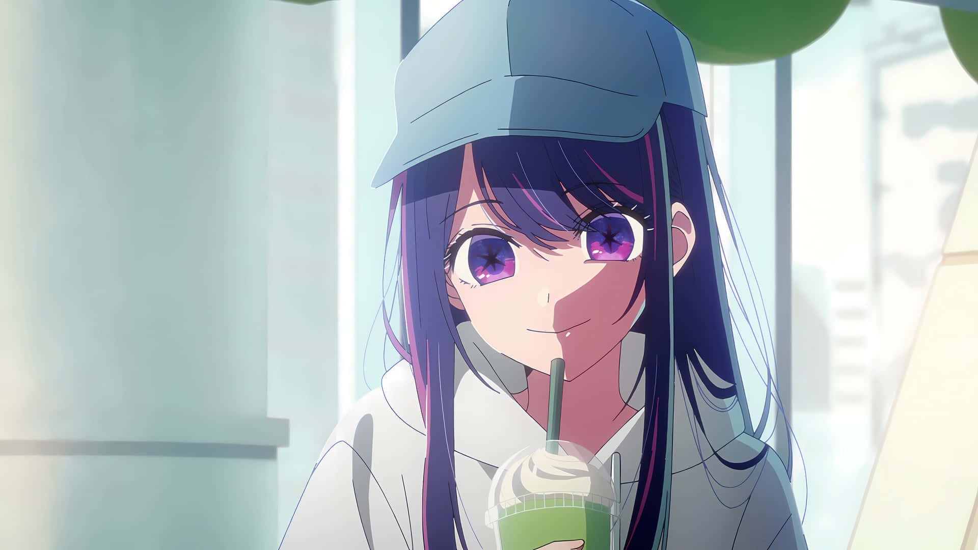Ai Hoshino Smiling With Drink Wallpaper