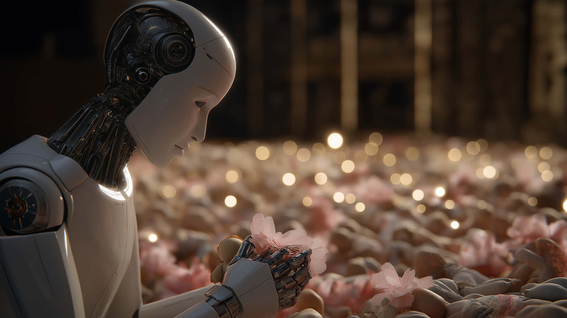 Ai Robot Examining A Delicate Pink Flower In Field Wallpaper