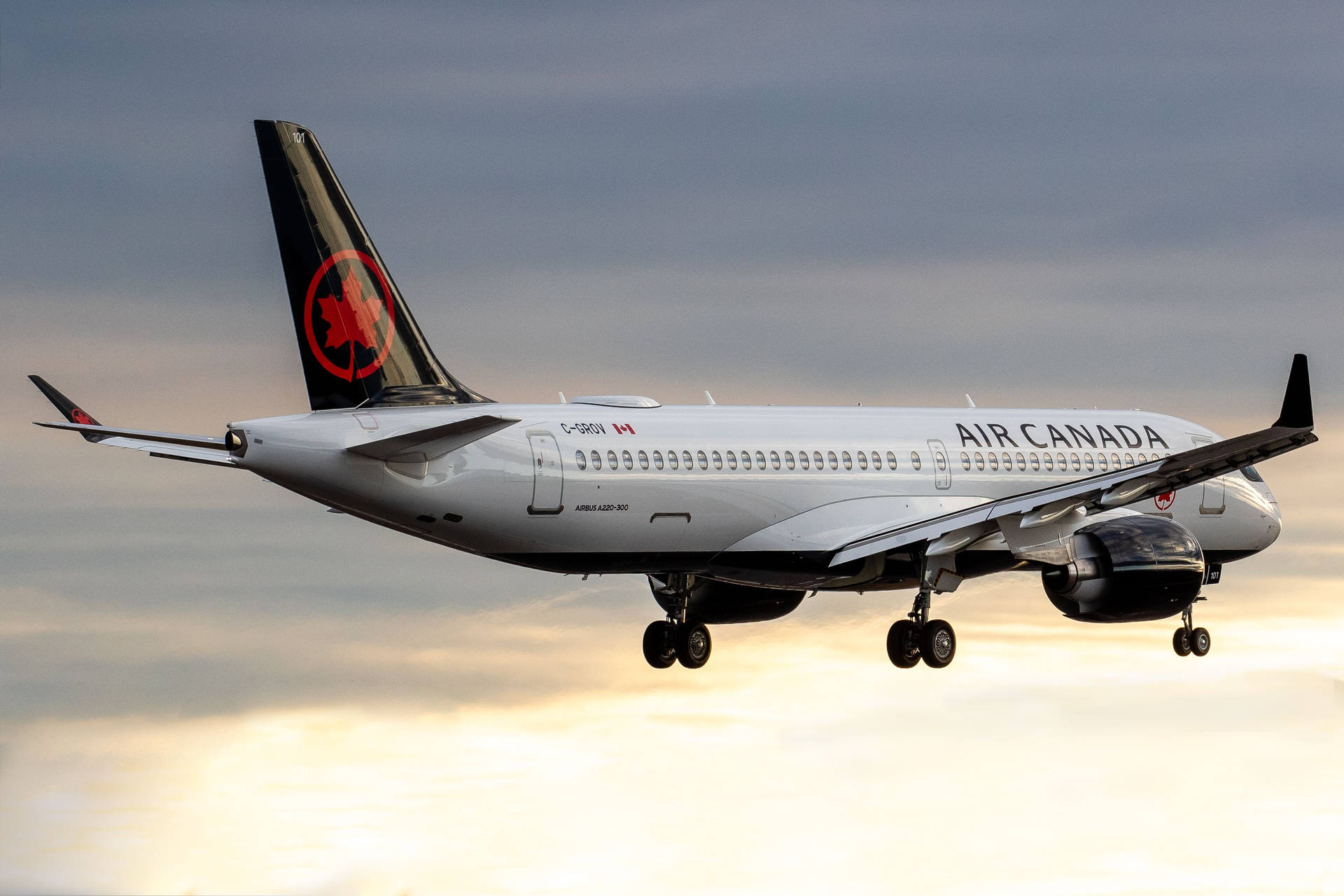 Air Canada flyvemaskine med hjul flyvende i himlen. Wallpaper