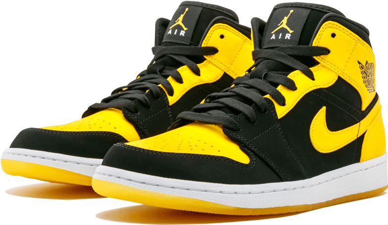 Air Jordan1 Mid Black Yellow Sneakers PNG