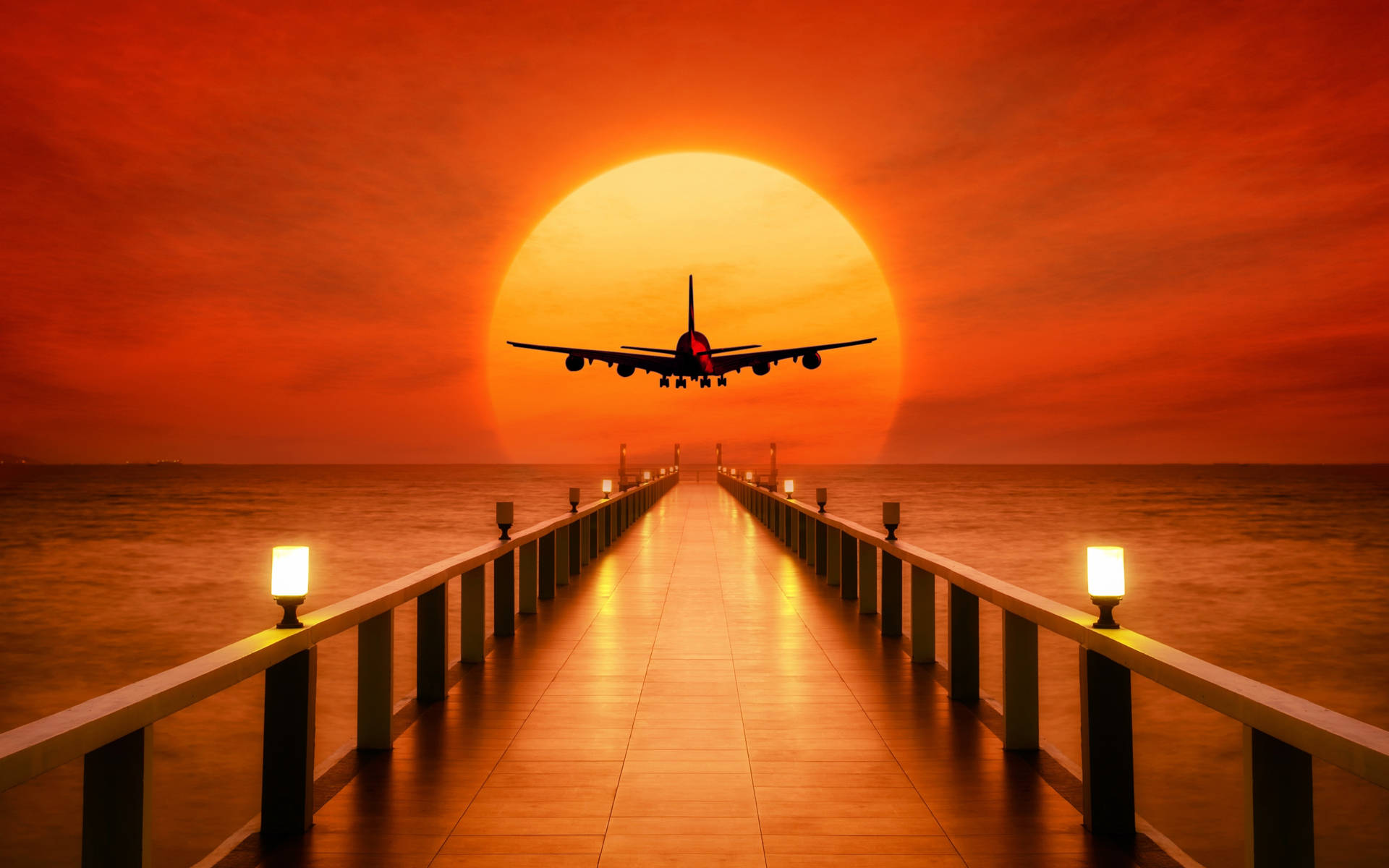Airplane In Sunset Photoshop Hd Wallpaper