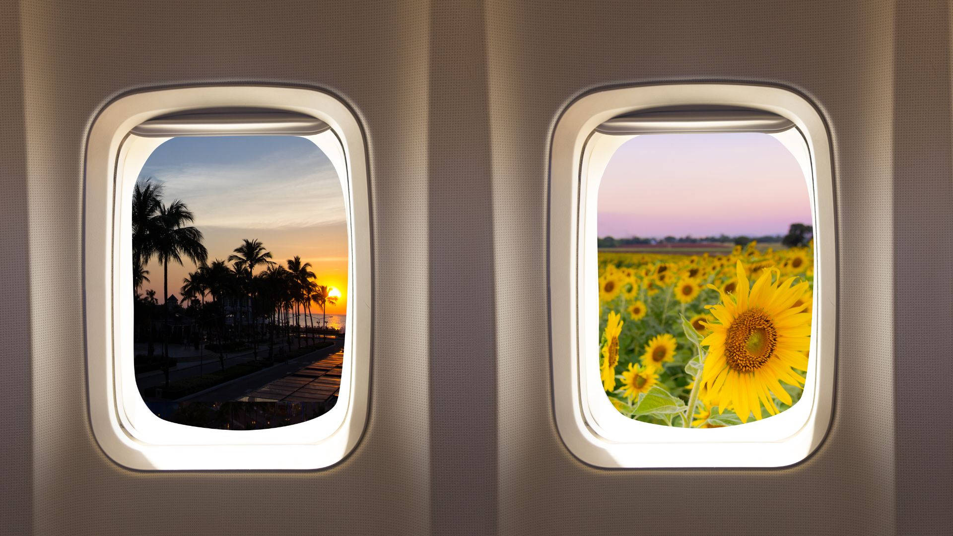 Airplane Window Travel Beach Sunflower Wallpaper