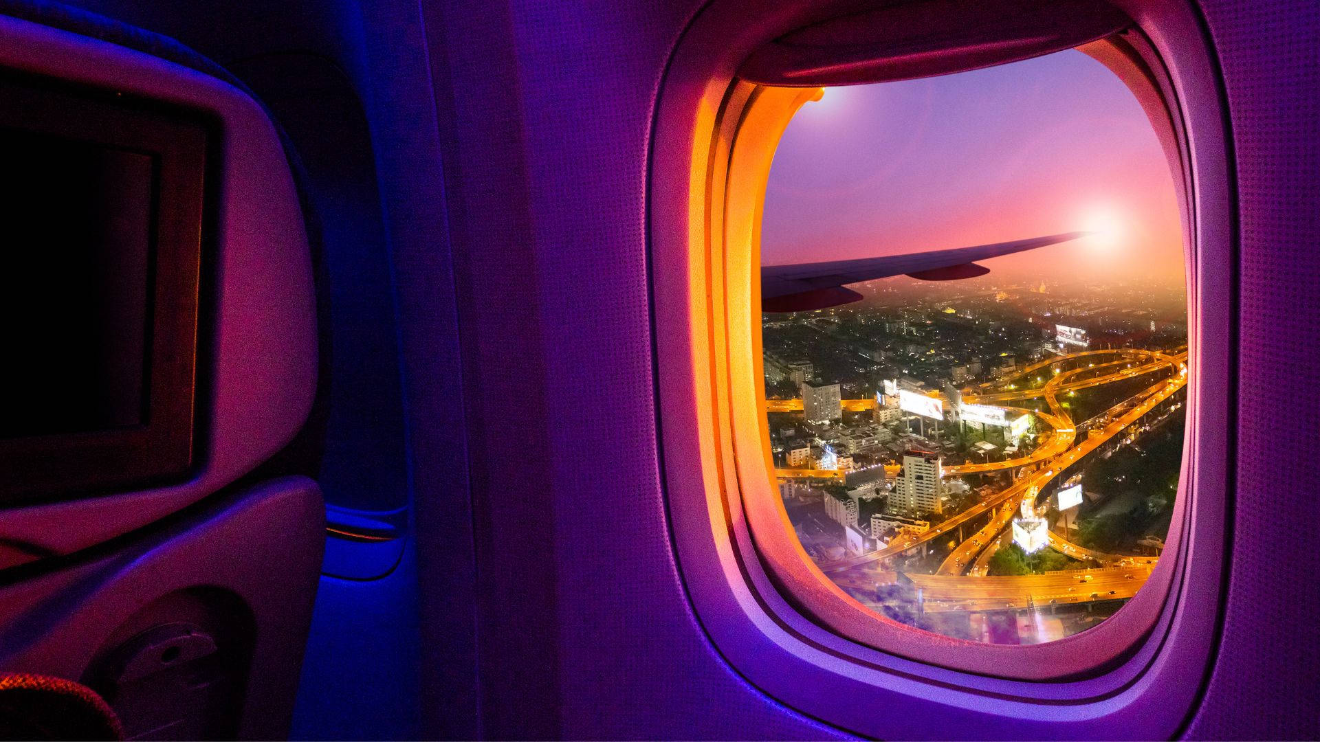 Airplane Window Travel City Night Wallpaper