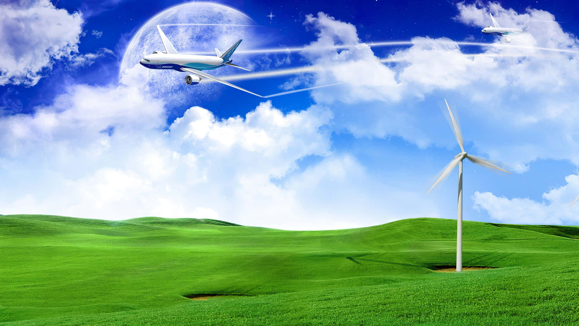 Airplanesand Wind Turbinein Green Field Wallpaper
