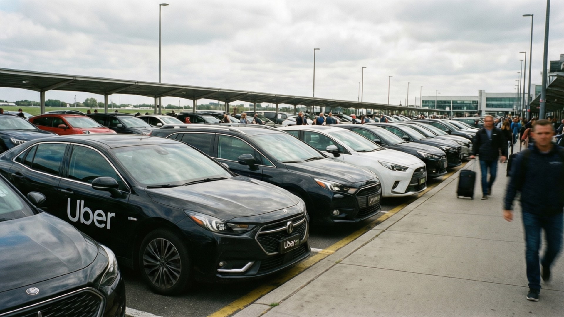 Para pelancong berjalan melewati deretan mobil Uber yang diparkir di terminal bandara.