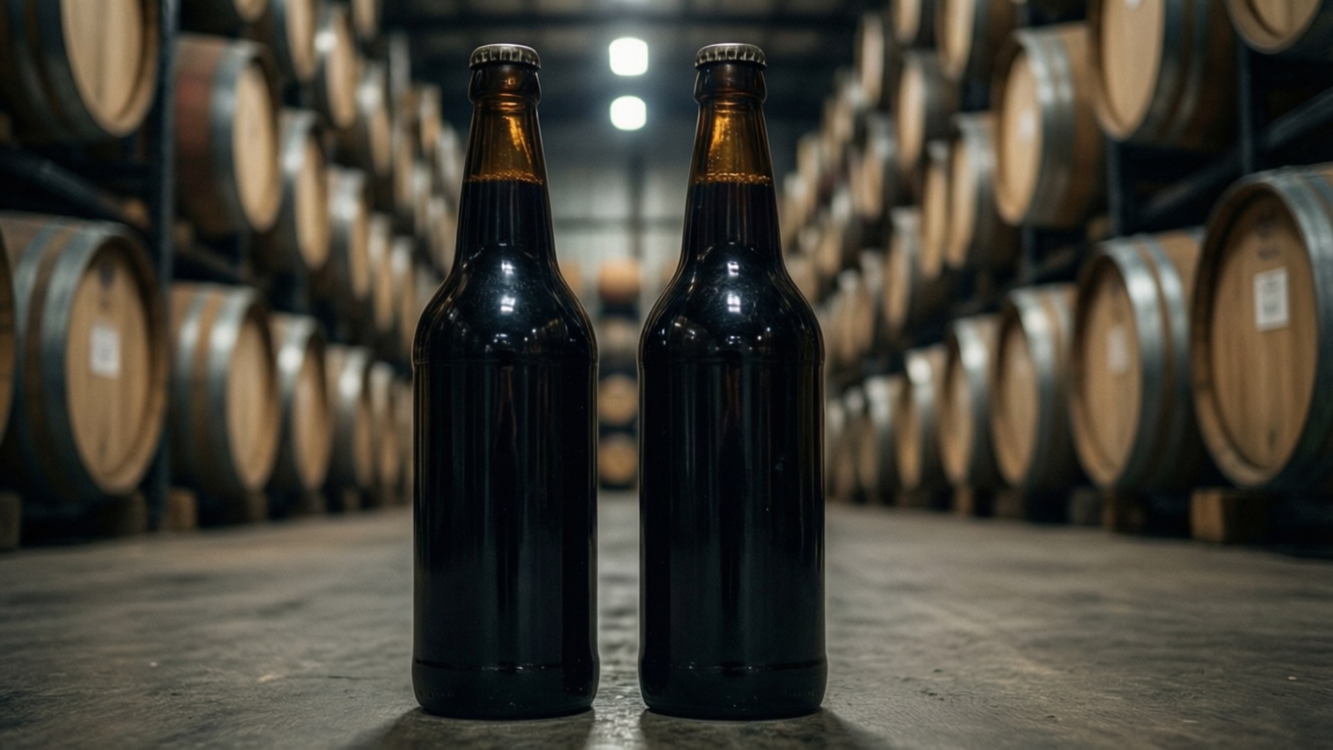 To vintage stoutflasker i en lagerhall med fat i bakgrunnen, dramatisk overlysbelysning.