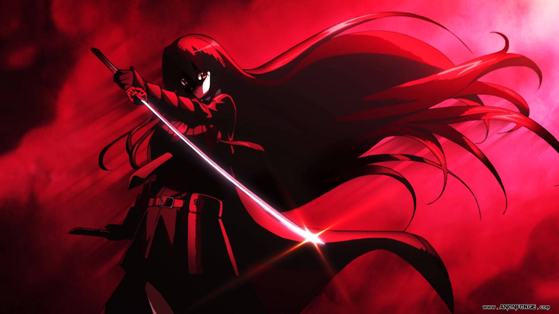 Akame from Akame Ga Kill poses with her glowing red sword Wallpaper