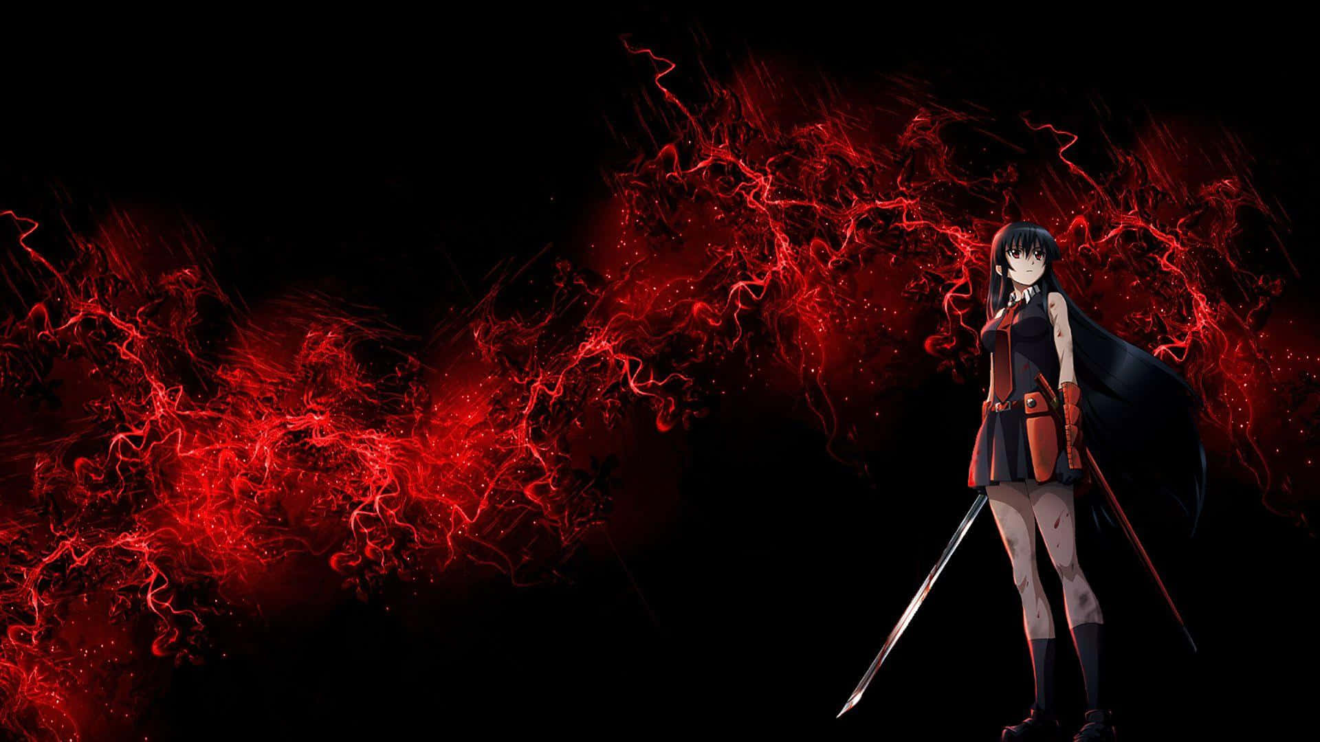 Animemädchen Mit Einem Schwert Vor Einem Roten Hintergrund.