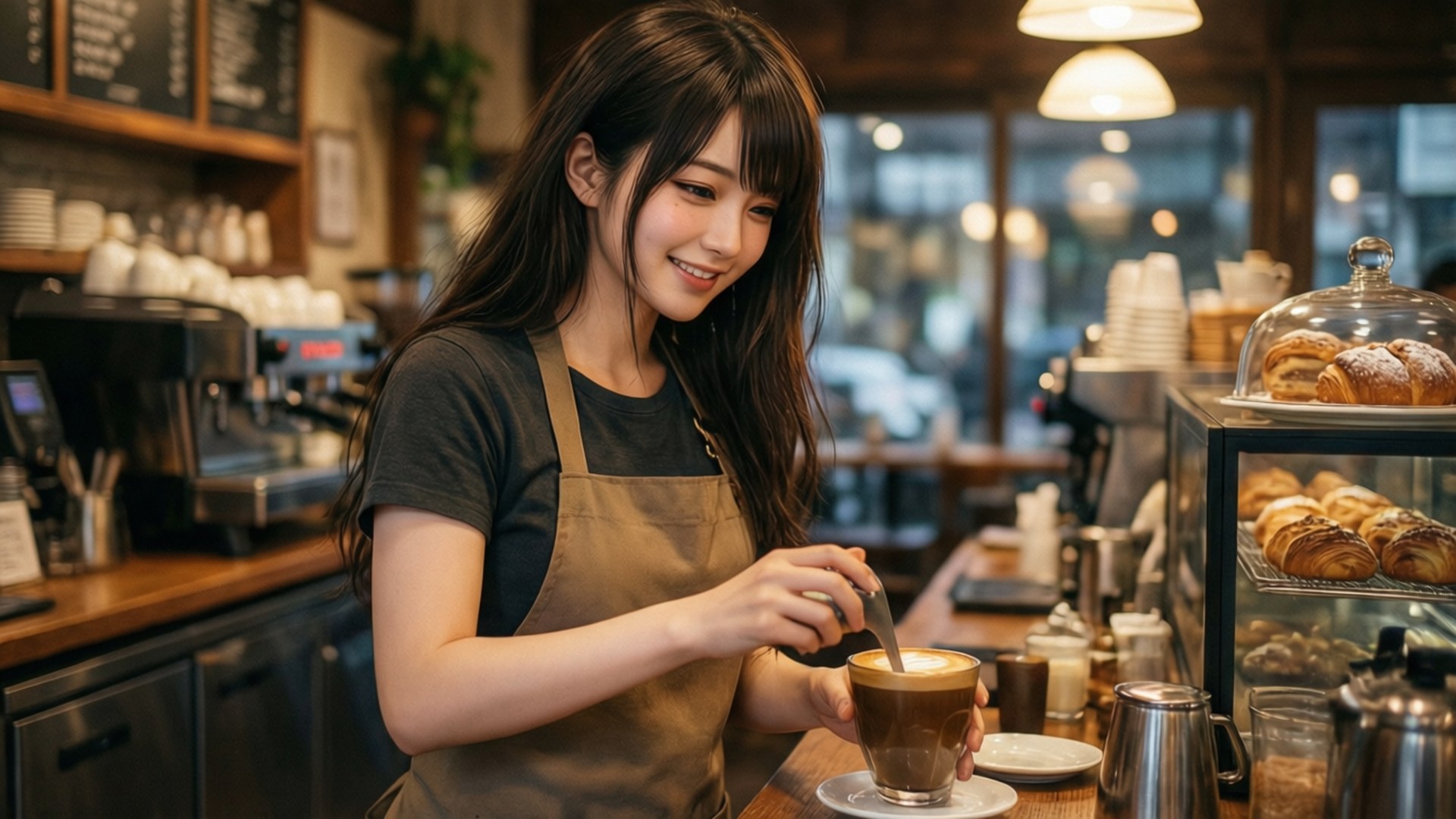 Akane arbejder på en café og serverer kaffe med et smil.