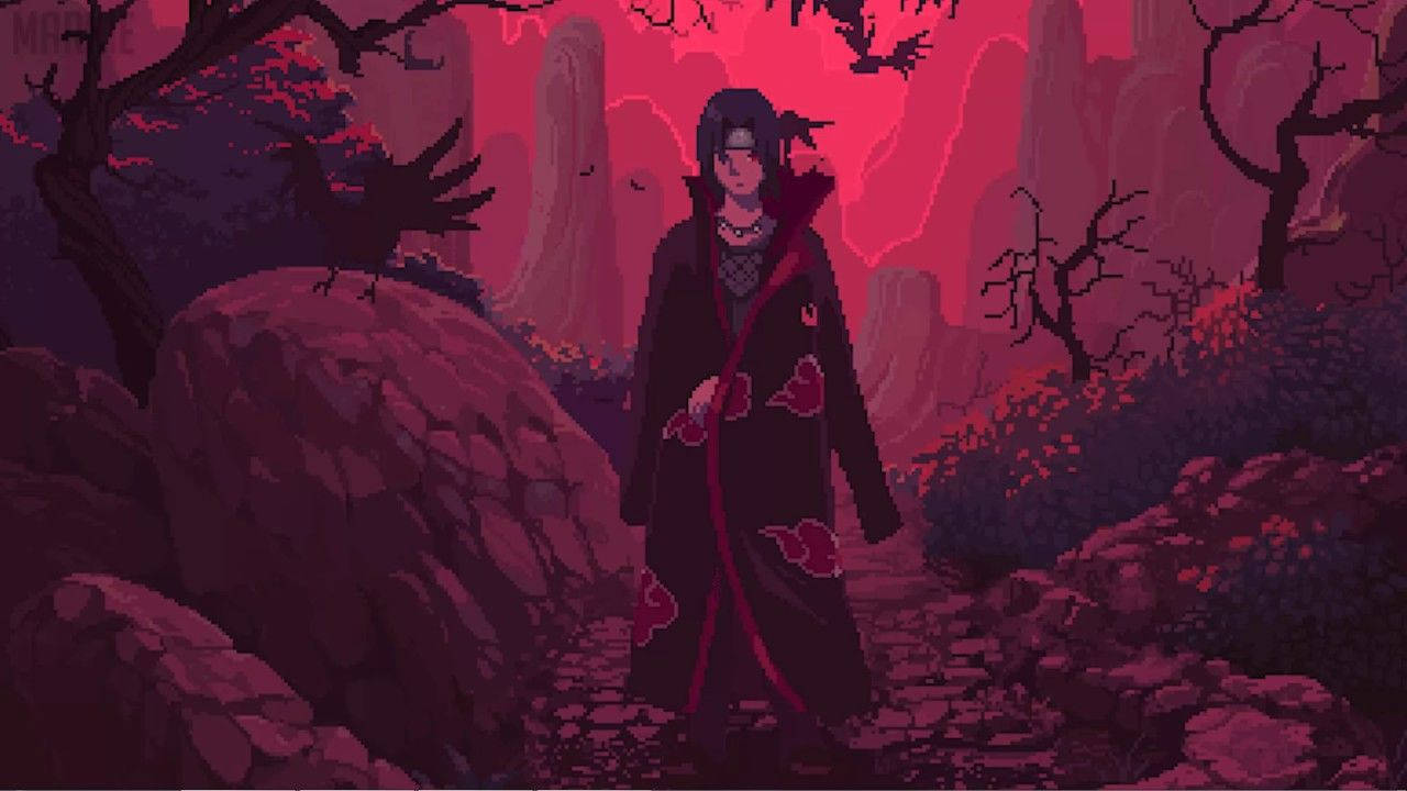 Itachi Uchiha stands alone in a mystical red forest. Wallpaper