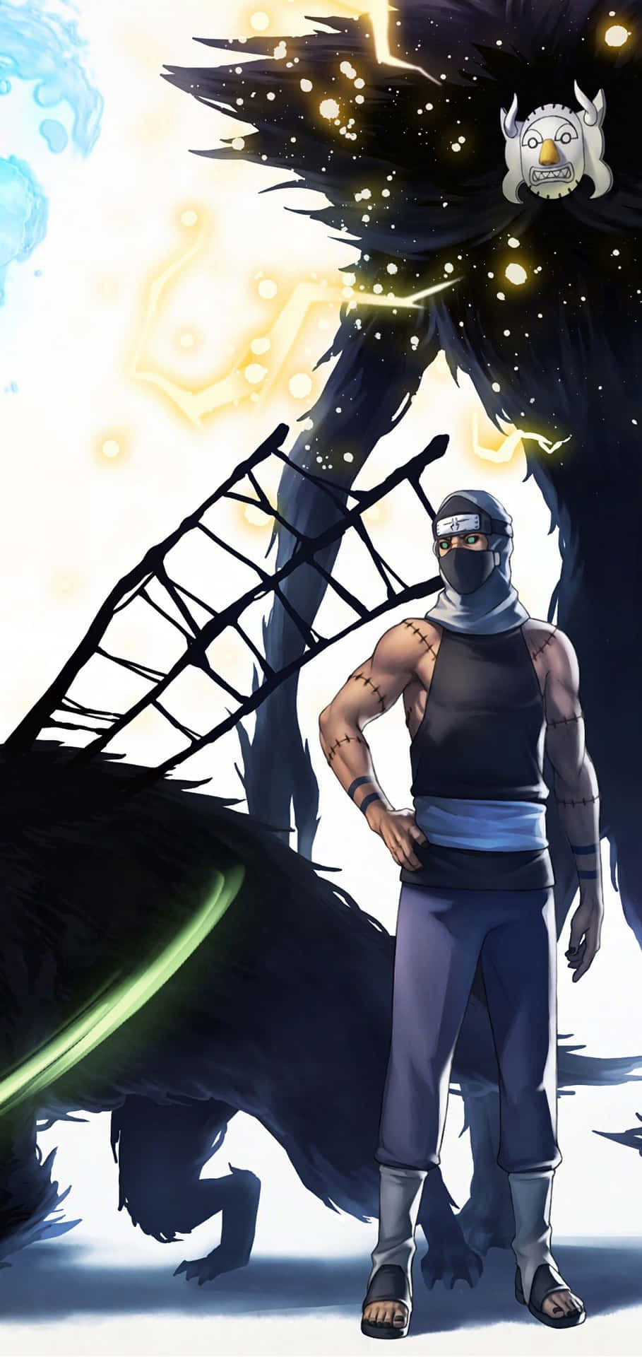 Kakuzu from Naruto Shippuden's Akatsuki organization standing fiercely against a dark background. Wallpaper