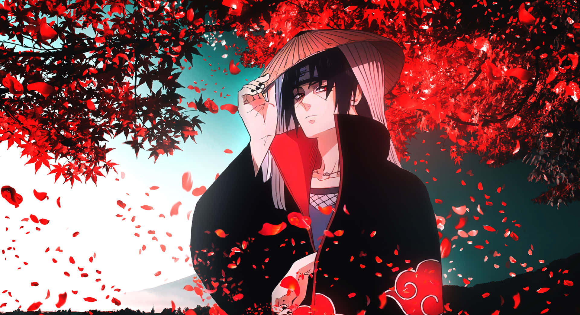 En pige iført en rød kimono står midt i et felt af blomster. Wallpaper