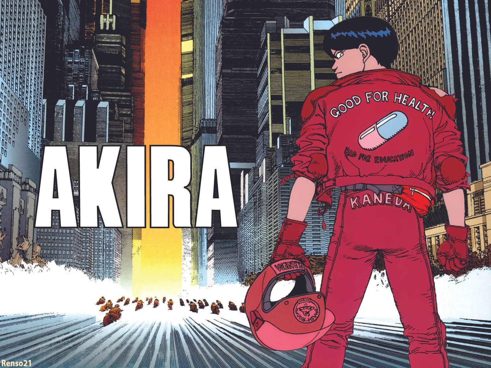 Shotaro Kanada along the neon-lit streets in the futuristic world of Akira Wallpaper