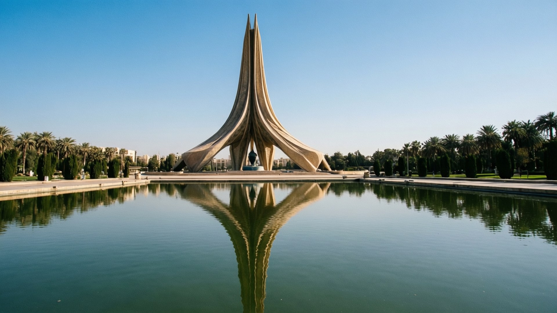 Symmetrical Al-Shaheed Wallpaper — A towering beige monument with three sharp spires reflects perfectly in a calm green pool surrounded by palm trees under a clear blue sky.