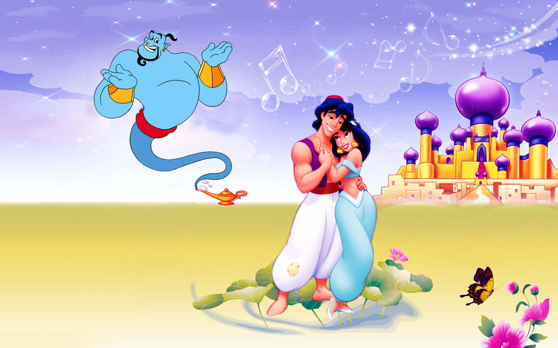 Aladdin, Genie, and Abu flying on a magic carpet