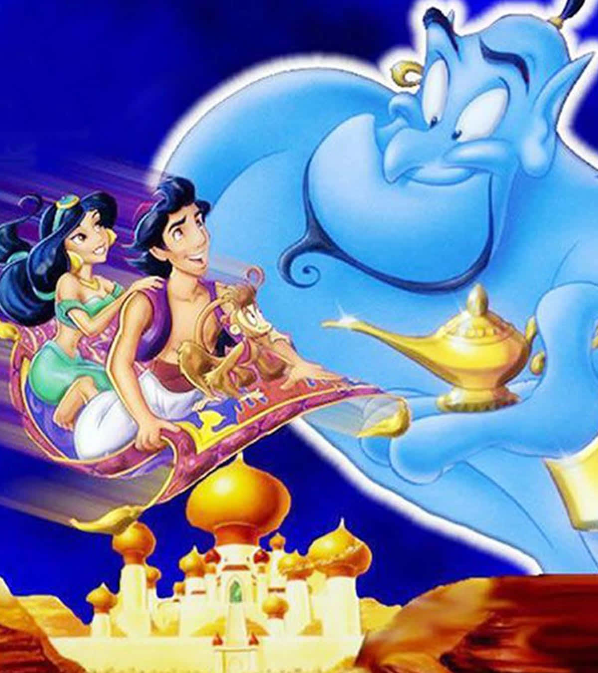 Aladdin svæver over Agrabah på hans magiske tæppe