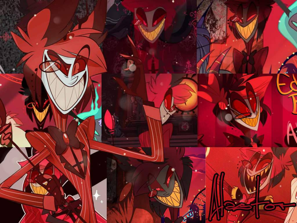 Alastor, the Demon of Chaos, in a collage showcasing the characters of Hazbin Hotel Wallpaper