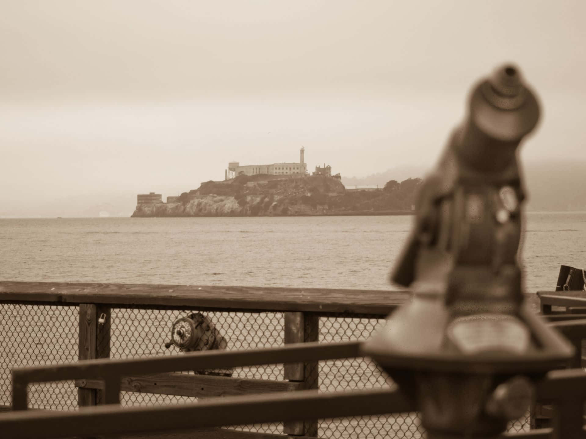 Alcatraz Island Viewfrom Pier Sepia Tone Wallpaper