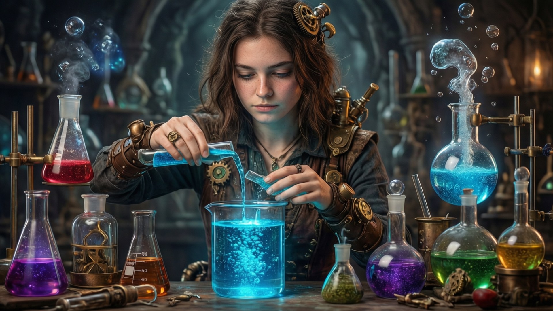 Lyney werkt aan een magisch drankje in een alchemielab.